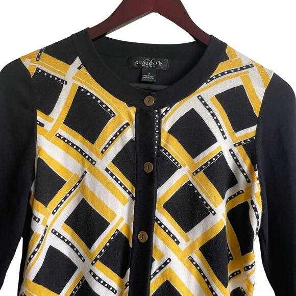 August Silk Women Cardigan Sweater S Navy Yellow Geometric Print Preppy Academia - Picture 4 of 11